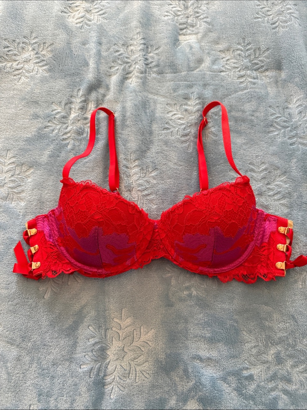 Red Lace Underwire Bra with Gold Accent